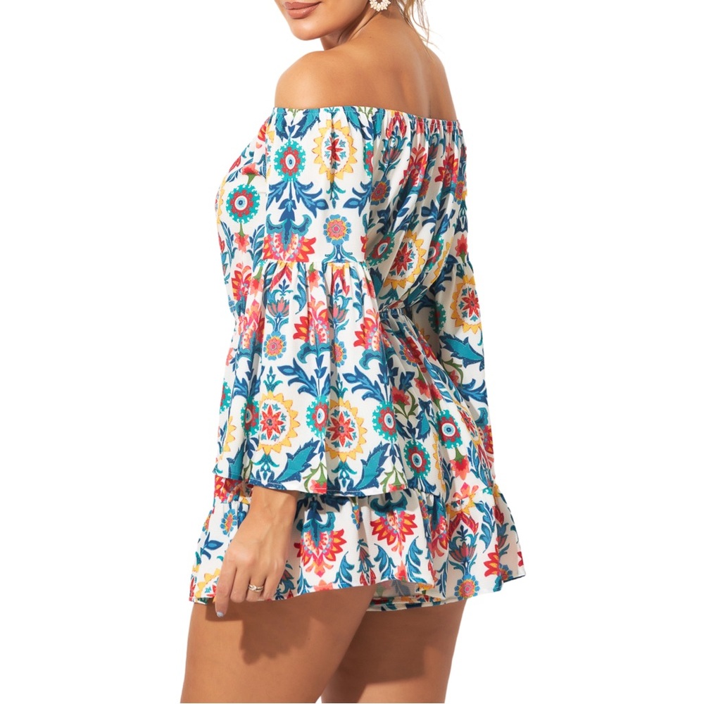 Coverup Off Shoulder Romper with Bell Sleeves - Picture 2 of 4